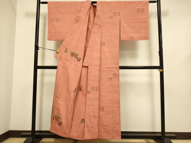平和屋着物▽上質な紬 単衣 草木文 正絹 逸品 DABF5666du