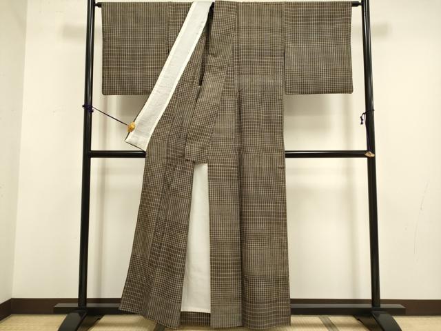 平和屋着物▽上質な紬 単衣 格子 正絹 逸品 DABF5701du