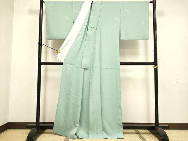 平和屋着物▽色無地 単衣 花車文 錆青磁色 洗える着物 DABF5726du