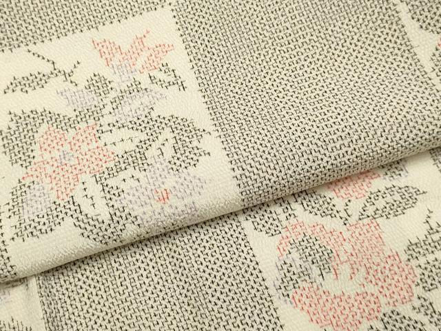 平和屋着物▽本塩沢 単衣 市松花文 正絹 逸品 DABF5734du