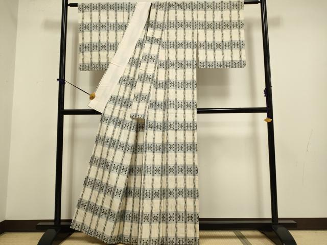 平和屋着物▽上質な紬 単衣 花格子 正絹 逸品 DABF5742du
