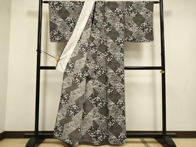平和屋着物▽小紋 単衣 切嵌花文 洗える着物 DABF5750du