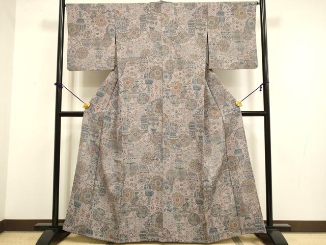 平和屋着物▽小紋 単衣 陶器花文 洗える着物 DABF5768du