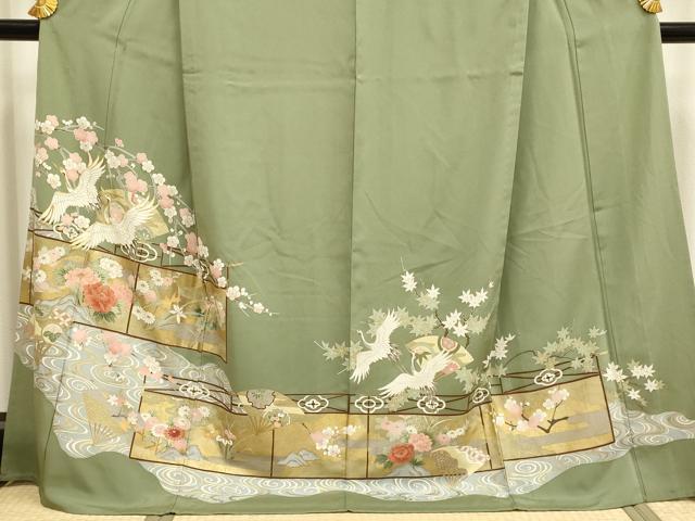 平和屋着物▽豪華色留袖 単衣 飛鶴扇吉祥花文 金彩 ロング丈 正絹 逸品 DABF5789du
