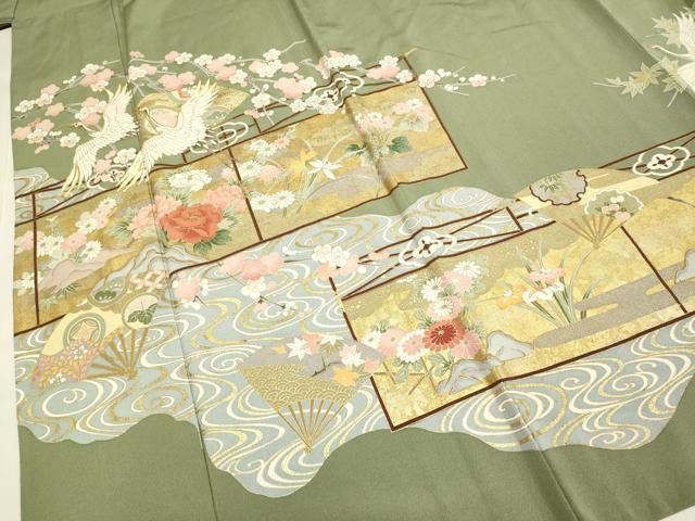 平和屋着物▽豪華色留袖 単衣 飛鶴扇吉祥花文 金彩 ロング丈 正絹 逸品 DABF5789du