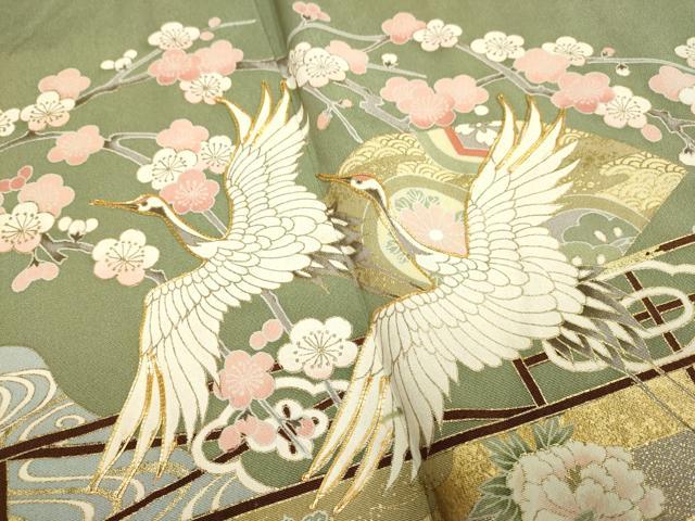 平和屋着物▽豪華色留袖 単衣 飛鶴扇吉祥花文 金彩 ロング丈 正絹 逸品 DABF5789du