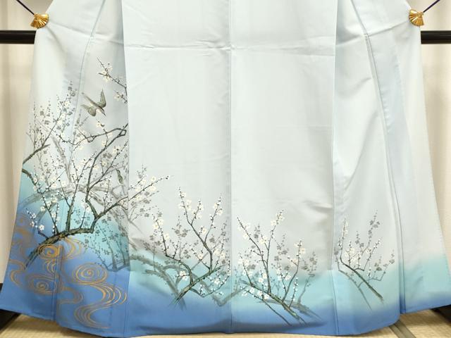 平和屋着物▽訪問着 単衣 手描き 枝梅に休み鳥 暈し染め 洗える着物 DABF5791du