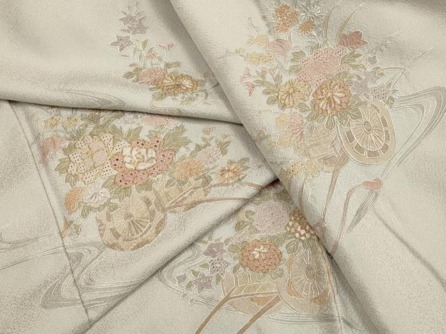 平和屋着物▽中国三大刺繍 スワトウ刺繍 汕頭刺繍 総刺繍 訪問着 単衣 花車文 金糸 正絹 逸品 DABF5848du