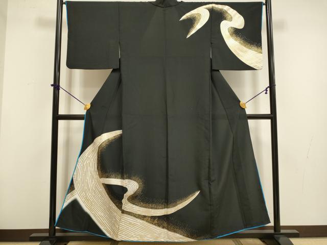 平和屋着物▽男性 訪問着 単衣 流水文 暈し染め 黒地 金彩 洗える着物 DABF5857du