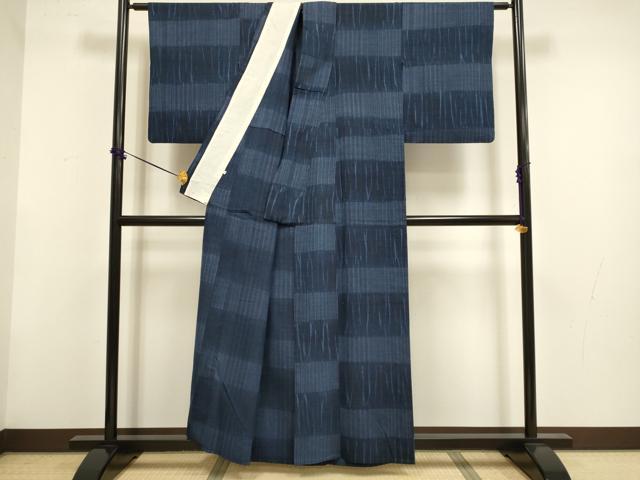 平和屋着物▽上質な紬 単衣 杢目絞り 横段文 正絹 逸品 DABF5863du