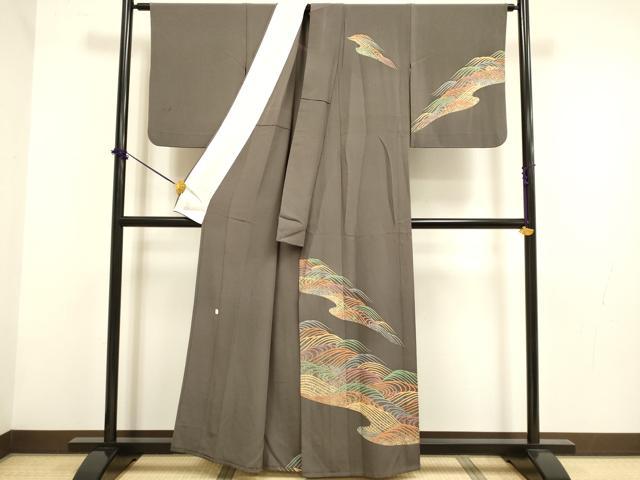 平和屋着物▽十日町老舗ブランド 吉澤友禅 吾妻徳穂 訪問着 単衣 立波文 金彩 正絹 逸品 DABF5898du