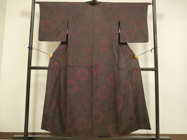 平和屋着物▽上質なお召 単衣 向日葵 黒地 正絹 逸品 DABF5923du
