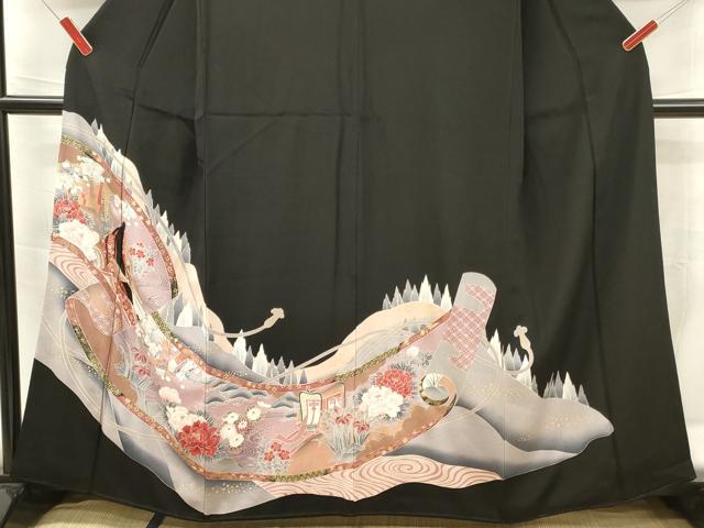 平和屋着物■豪華黒留袖 駒刺繍 人物鳳凰花文 金彩 正絹 逸品 DABF6055zy