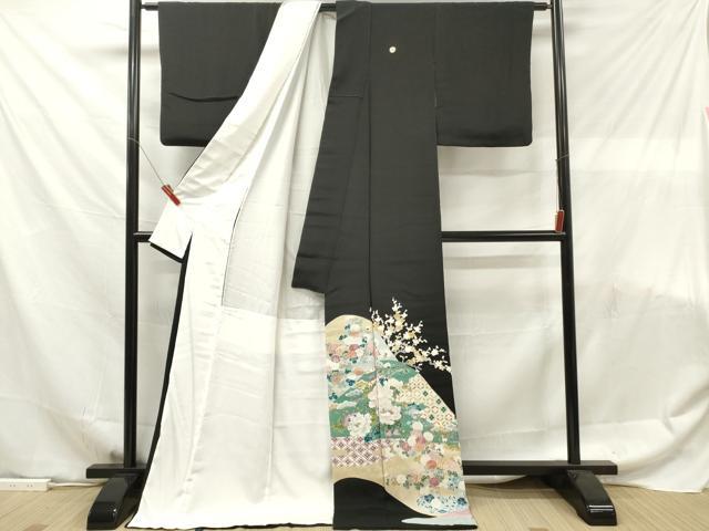 平和屋着物■豪華黒留袖 駒刺繍 遠山草花文 ロング丈 正絹 逸品 DABF6095zy