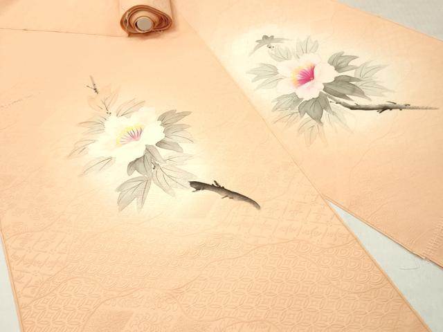 平和屋着物▼付下げ 解き反物 着尺 手描き 枝花文 暈し染め 八掛付き 逸品 DABF6377zy