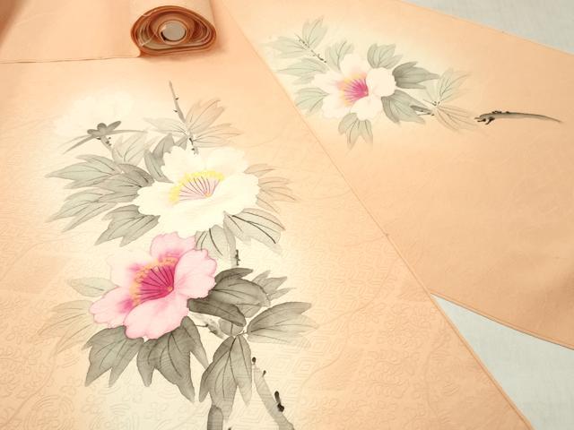 平和屋着物▼付下げ 解き反物 着尺 手描き 枝花文 暈し染め 八掛付き 逸品 DABF6377zy