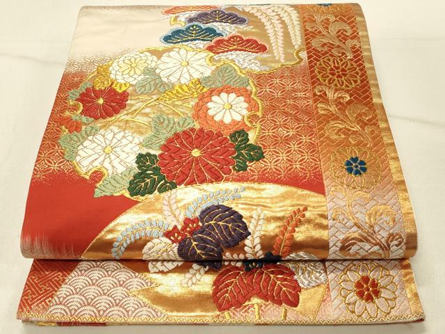 平和屋着物＊夏物　六通柄袋帯　片輪車竜田川　金銀糸　正絹　逸品　DABB3832cm 平和屋着物◎六通柄袋帯 唐織 竜田川筏花文 金糸 正絹 逸品 BAAX0794hv