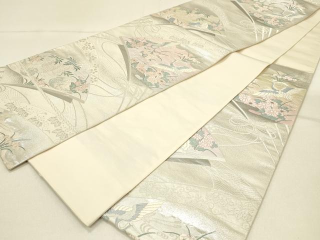 平和屋着物◎六通柄袋帯 古典錦 扇面花鳥文 プラチナ三重 正絹 逸品 DABF6578qp