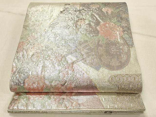 平和屋着物◎六通柄袋帯 花車文 銀糸 正絹 逸品 DABF6579qp