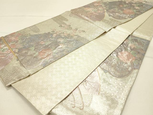 平和屋着物◎六通柄袋帯 花車文 銀糸 正絹 逸品 DABF6579qp