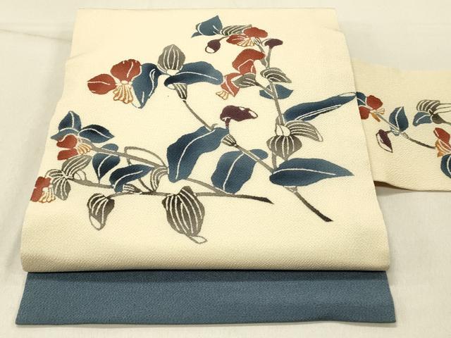 平和屋着物●九寸名古屋帯 型染め 草花文 鬼しぼ縮緬 正絹 逸品 DABF6880qp