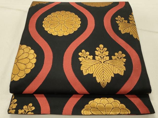 平和屋着物◎織物一筋名門 織悦 全通柄 本袋帯 立涌桐菊文 黒地 金糸 正絹 逸品 DABF6882qp