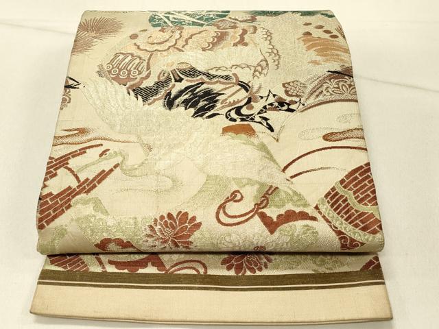 平和屋着物◎アンティーク 大正ロマン 丸帯 飛鶴花文 引き抜き帯 正絹 逸品 DABF6886qp