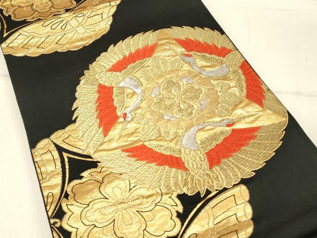 平和屋着物◎六通柄袋帯 唐織 群鶴舞蝶花文 京もみじ 黒地 金銀糸 正絹 逸品 DABF6984qp