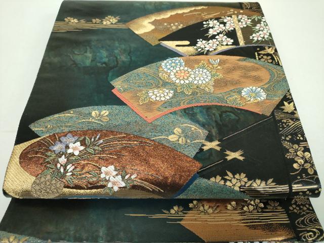 平和屋着物▼六通柄袋帯 聚楽扇面文 金糸 正絹 逸品 DABF7073ps