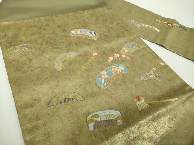 平和屋着物▼九寸名古屋帯 総刺繍 櫛 簪 金糸 引箔 正絹 逸品 DABF7155ps