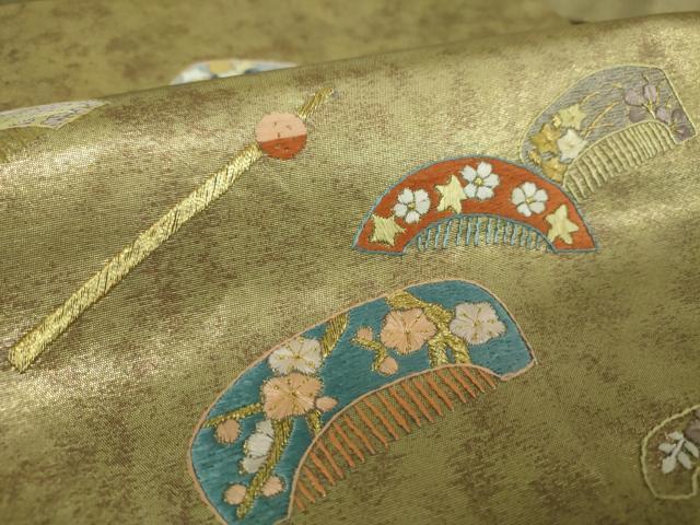 平和屋着物▼九寸名古屋帯 総刺繍 櫛 簪 金糸 引箔 正絹 逸品 DABF7155ps