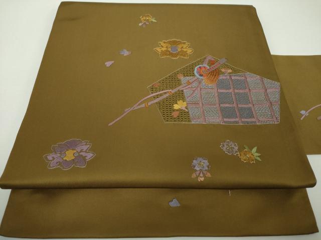 平和屋着物▼中国三大刺繍 スワトウ刺繍 汕頭刺繍 総刺繍 九寸名古屋帯 舞花文 刀 金糸 正絹 逸品 DABF7158ps
