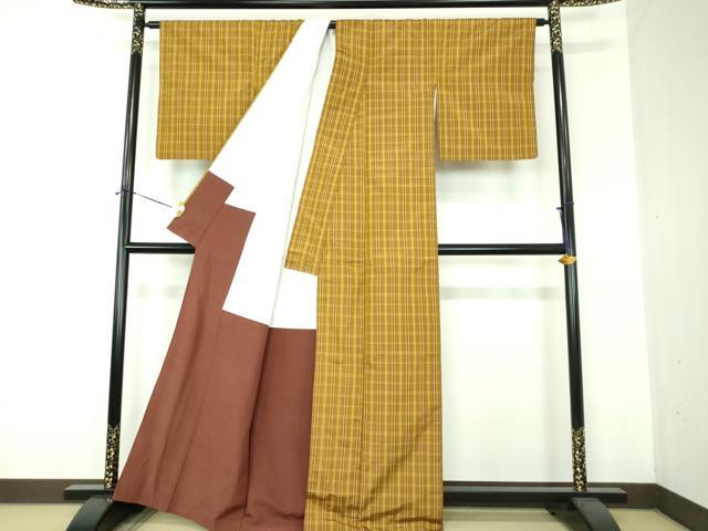 平和屋着物●黄八丈 平織 紬 格子 正絹 逸品 DABF7198ps