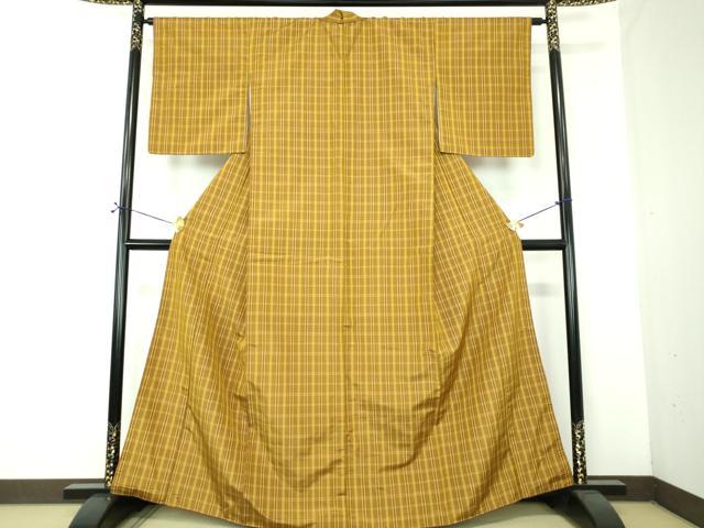 平和屋着物●黄八丈 平織 紬 格子 正絹 逸品 DABF7198ps