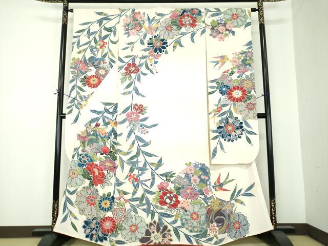 平和屋着物●豪華振袖 型染 風景花鳥文 正絹 逸品 DABF7237ps