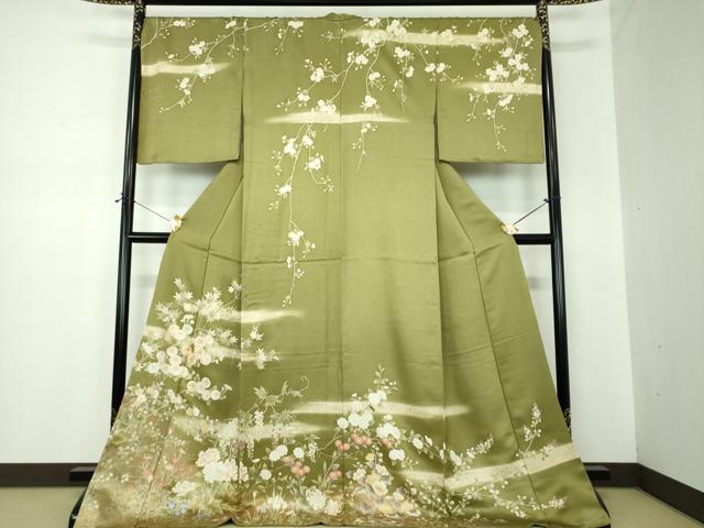 平和屋着物●訪問着 駒刺繍 枝垂れ桜 華麗な花 暈し染め 金彩 ロング丈 正絹 逸品 未使用 DABF7244ps