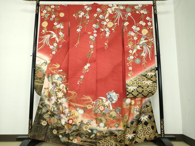 平和屋着物●豪華振袖 駒刺繍 流水鳳凰花文 暈し染め 金彩 正絹 逸品 DABF7253ps