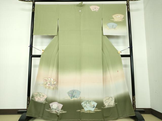 平和屋着物●十日町 加賀草木友禅の第一人者 田村哲彦 訪問着 地紙花鳥文 暈し染め 金銀彩 正絹 逸品 未使用 DABF7275ps