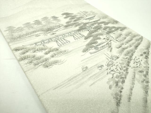 平和屋着物▼綴れ 六通柄袋帯 作家物 手描き 嵐山渡月橋 銀糸 正絹 逸品 DABF7300ps