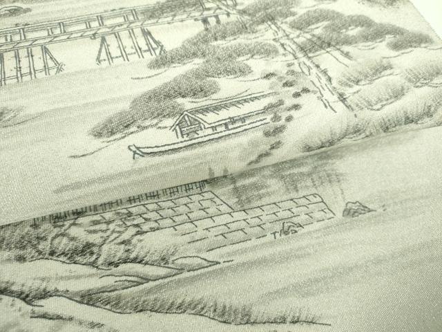 平和屋着物▼綴れ 六通柄袋帯 作家物 手描き 嵐山渡月橋 銀糸 正絹 逸品 DABF7300ps