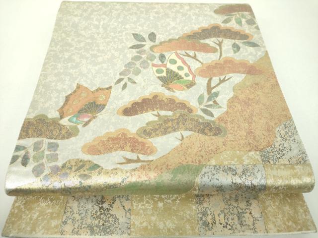 平和屋着物▼太鼓柄袋帯 螺鈿箔 舞蝶花松文 金銀彩 正絹 逸品 DABF7313ps