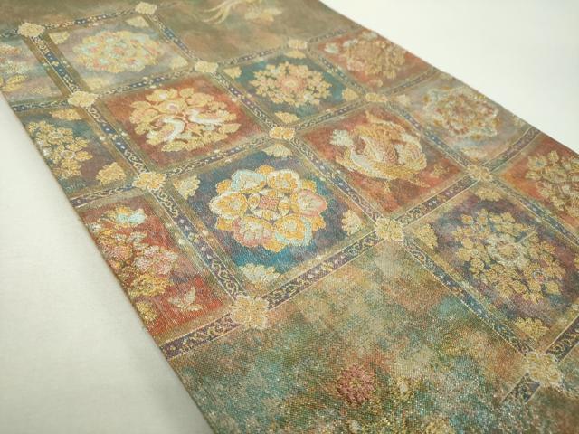 平和屋着物▼六通柄袋帯 格子花鳥文 金銀糸 引箔 正絹 逸品 DABF7348ps