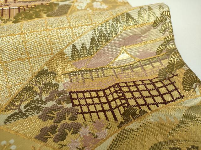 平和屋着物▼佐賀錦 六通柄袋帯 地紙風景花文 金糸 正絹 逸品 DABF7352ps