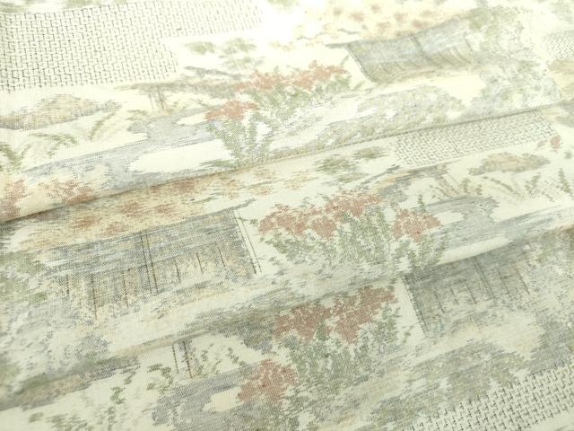 平和屋着物●小千谷紬 100亀甲 風景花文 正絹 逸品 DABF7385ps