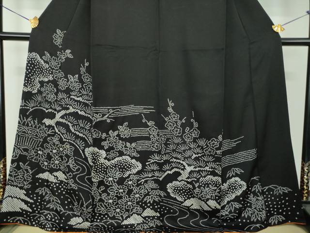 平和屋着物●訪問着 総絞り 雲取り花文 黒地 正絹 逸品 DABF7386ps