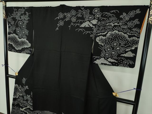 平和屋着物●訪問着 総絞り 雲取り花文 黒地 正絹 逸品 DABF7386ps