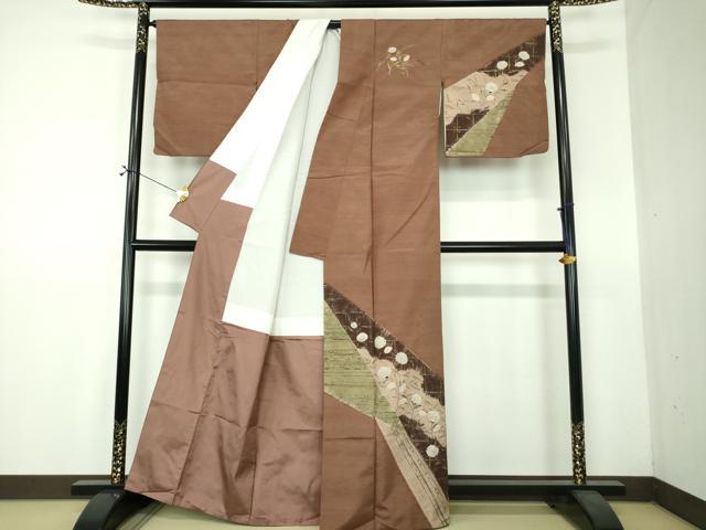 平和屋着物●訪問着 紬地 絞り 芒花文 金彩 正絹 逸品 DABF7389ps