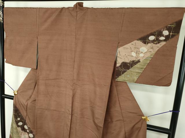 平和屋着物●訪問着 紬地 絞り 芒花文 金彩 正絹 逸品 DABF7389ps