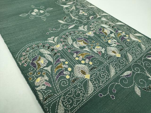 平和屋着物●西陣 じゅらく謹製 袋帯 紬地 刺し子 総刺繍 更紗花文 ラメ糸 正絹 逸品 未使用 DABF7403ps