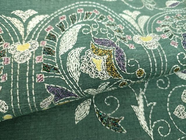 平和屋着物●西陣 じゅらく謹製 袋帯 紬地 刺し子 総刺繍 更紗花文 ラメ糸 正絹 逸品 未使用 DABF7403ps